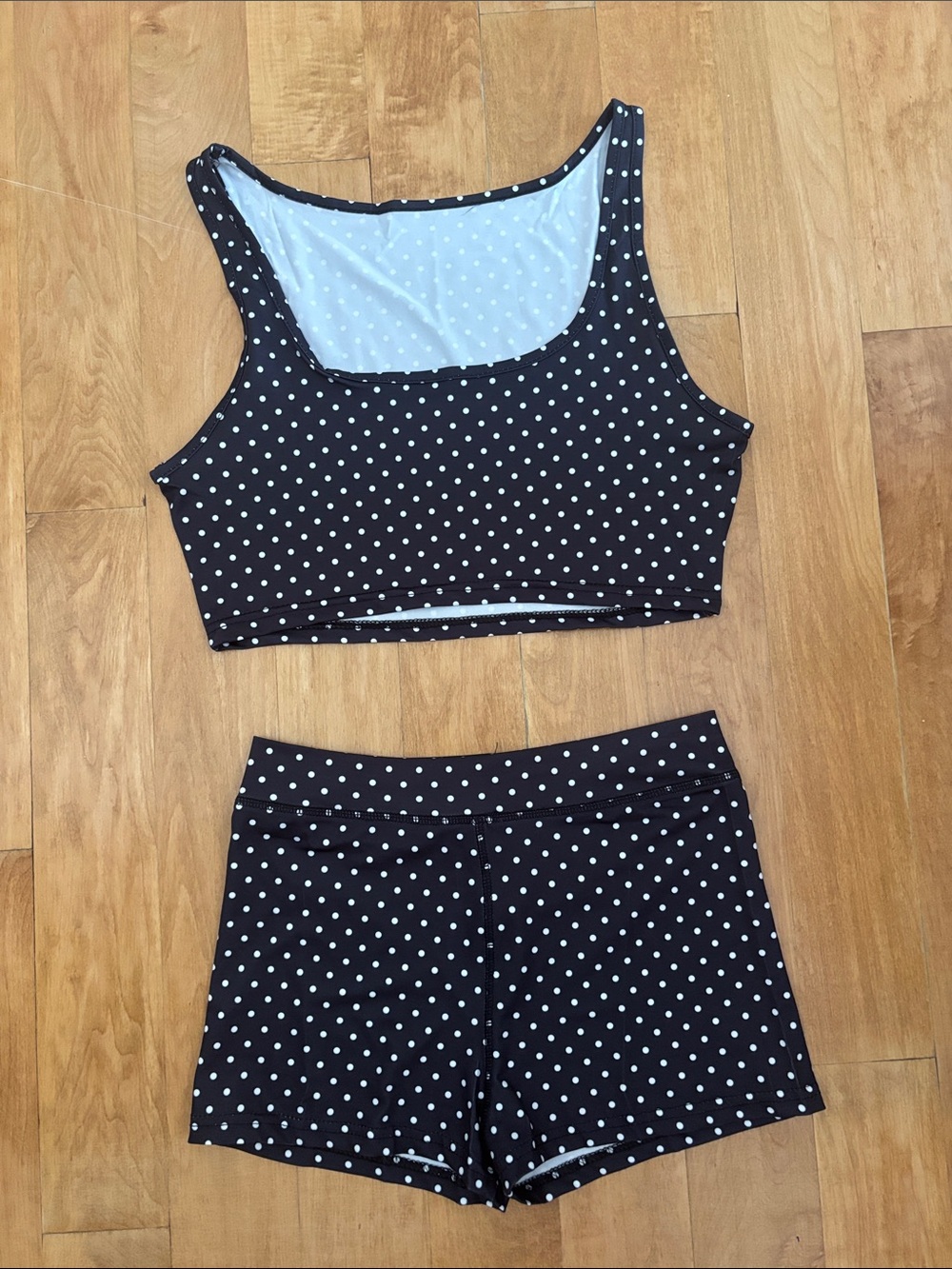 Never worn Black Polka Dot Cropped Tank and Shorts Workout Set